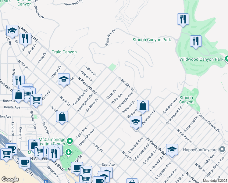 map of restaurants, bars, coffee shops, grocery stores, and more near 606 Uclan Drive in Burbank