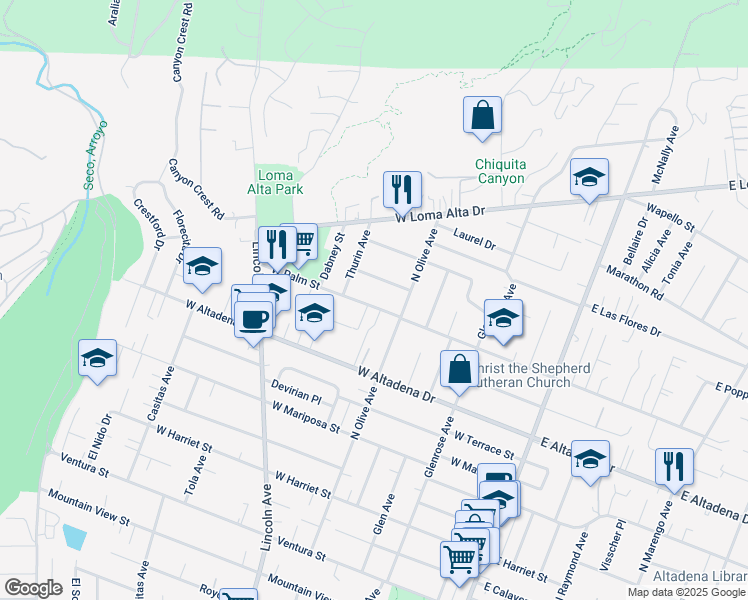 map of restaurants, bars, coffee shops, grocery stores, and more near 401 West Palm Street in Altadena