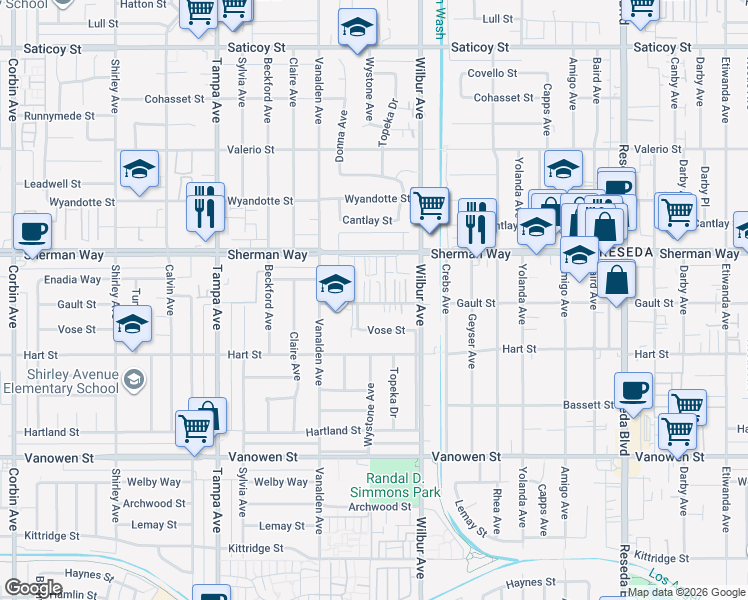 map of restaurants, bars, coffee shops, grocery stores, and more near 18987 Gault Street in Los Angeles