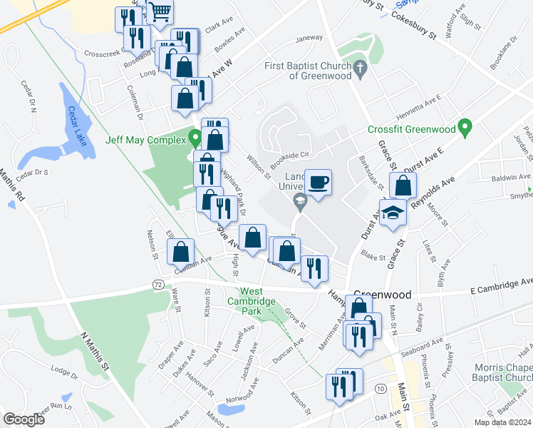 map of restaurants, bars, coffee shops, grocery stores, and more near 442 Stanley Avenue in Greenwood