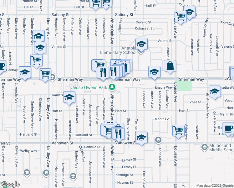 map of restaurants, bars, coffee shops, grocery stores, and more near Jellico Avenue in Los Angeles
