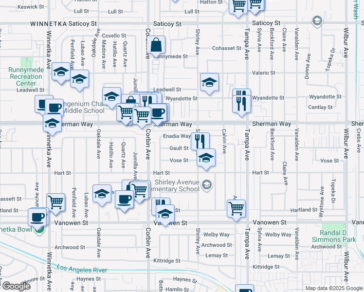 map of restaurants, bars, coffee shops, grocery stores, and more near 19539 Gault Street in Los Angeles