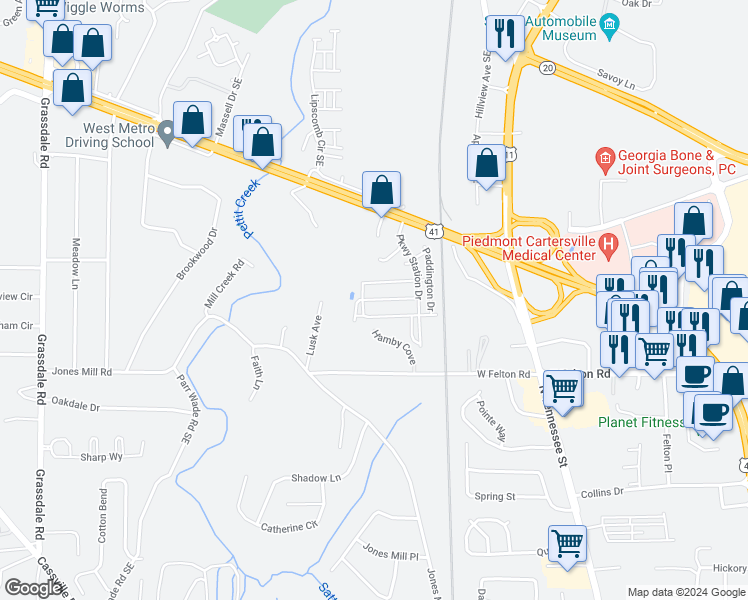 map of restaurants, bars, coffee shops, grocery stores, and more near 202 Grand Central Way in Cartersville