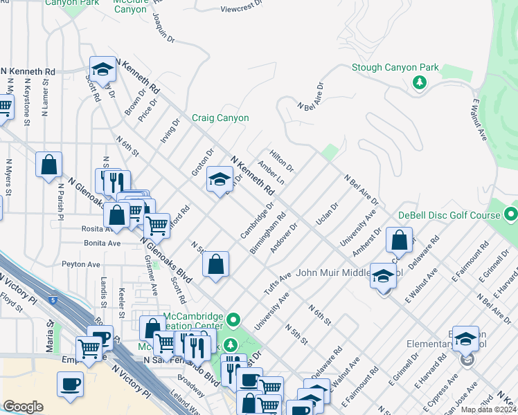 map of restaurants, bars, coffee shops, grocery stores, and more near 1807 Richard Street in Burbank
