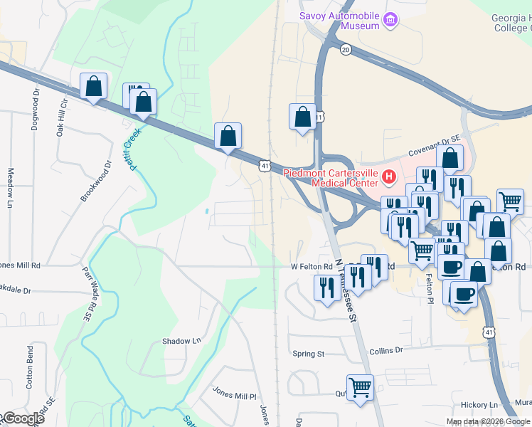 map of restaurants, bars, coffee shops, grocery stores, and more near Beaver Trail in Cartersville