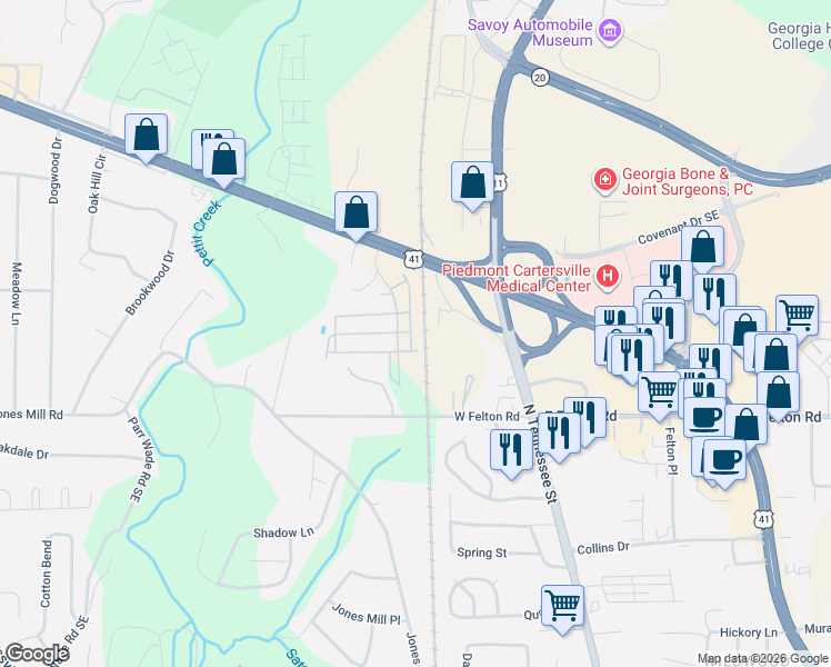 map of restaurants, bars, coffee shops, grocery stores, and more near Beaver Trail in Cartersville
