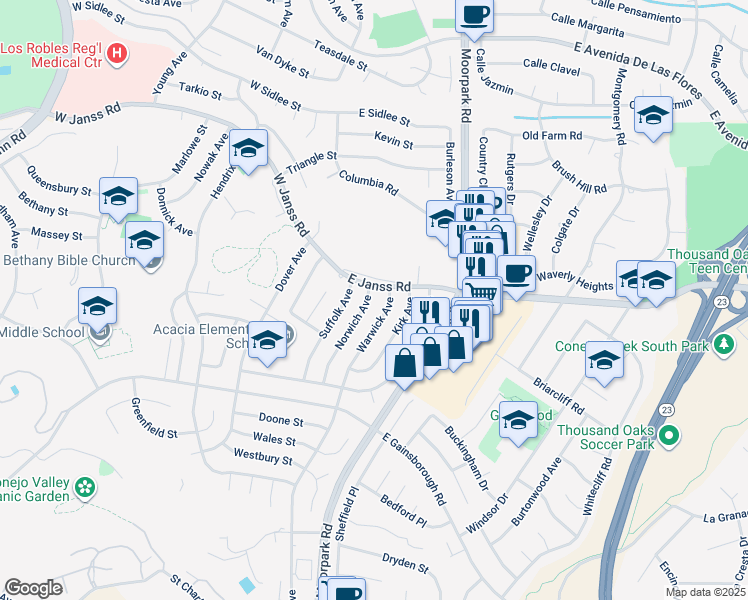 map of restaurants, bars, coffee shops, grocery stores, and more near 1574 Norwich Avenue in Thousand Oaks