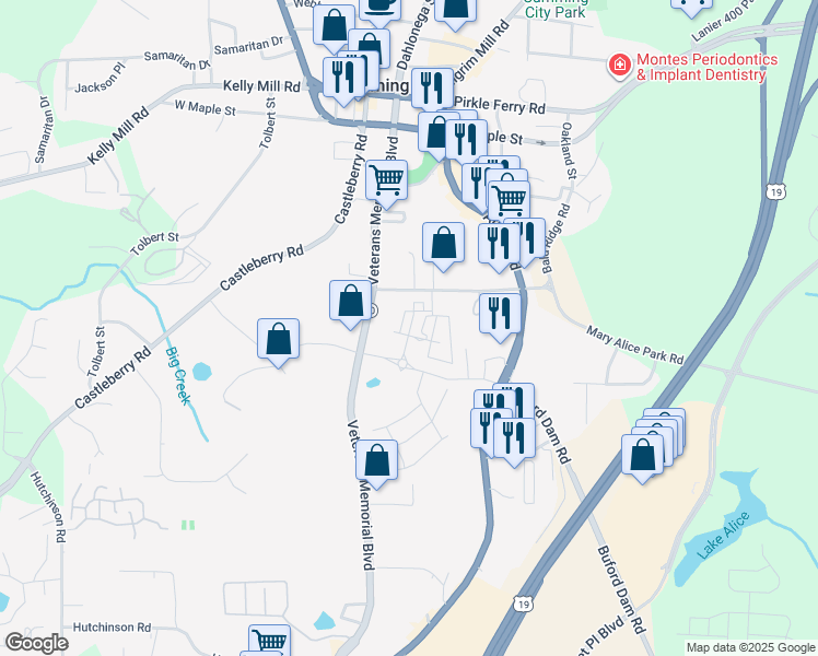 map of restaurants, bars, coffee shops, grocery stores, and more near 105 Enterprise Drive in Cumming