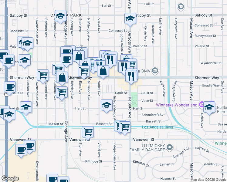 map of restaurants, bars, coffee shops, grocery stores, and more near 21001 Gault Street in Los Angeles