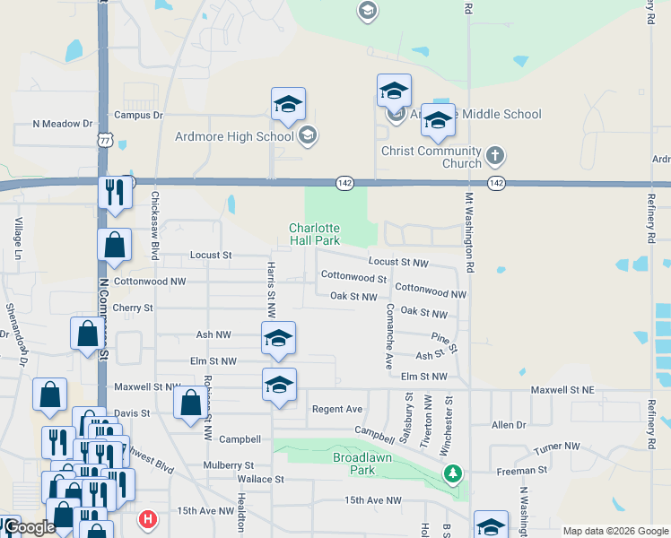 map of restaurants, bars, coffee shops, grocery stores, and more near 530 Locust Street Northwest in Ardmore