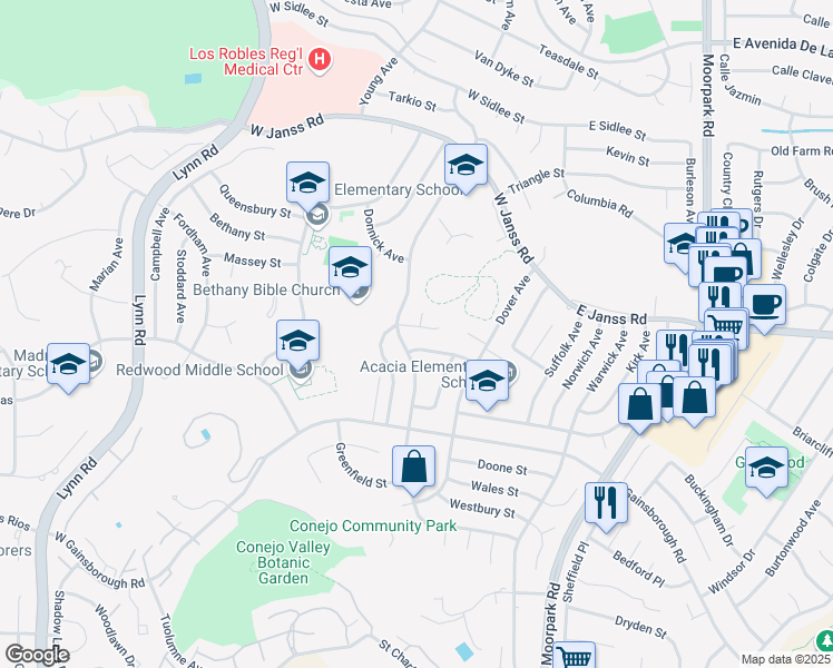 map of restaurants, bars, coffee shops, grocery stores, and more near 1614 Feather Avenue in Thousand Oaks
