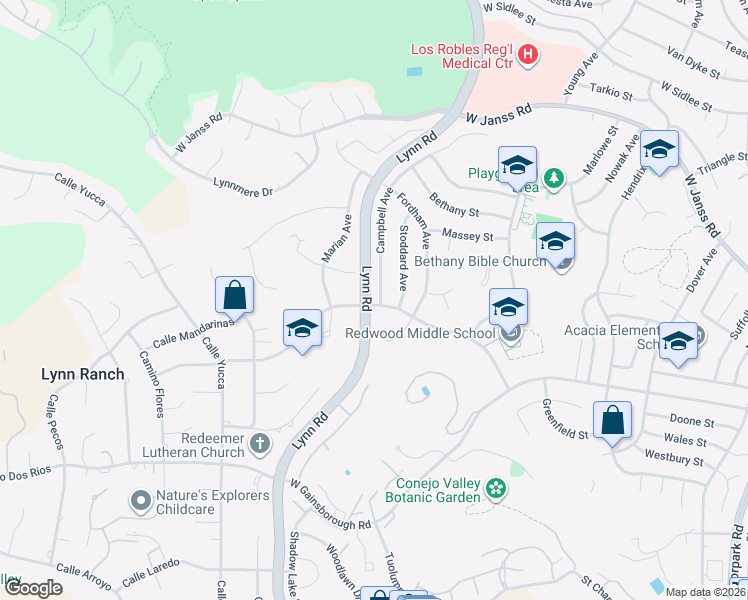 map of restaurants, bars, coffee shops, grocery stores, and more near 1509 Campbell Avenue in Thousand Oaks