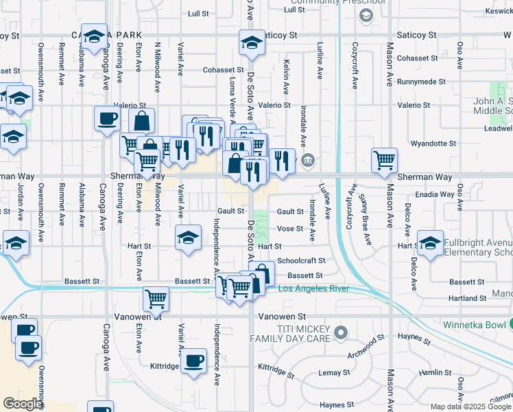 map of restaurants, bars, coffee shops, grocery stores, and more near 7108 De Soto Avenue in Los Angeles
