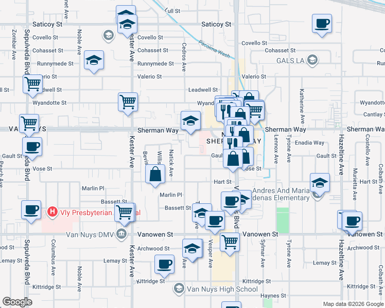 map of restaurants, bars, coffee shops, grocery stores, and more near 14650 Sherman Way in Los Angeles