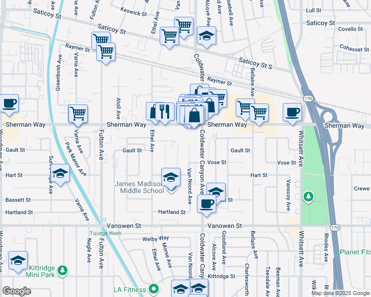 map of restaurants, bars, coffee shops, grocery stores, and more near 7103 Van Noord Avenue in Los Angeles
