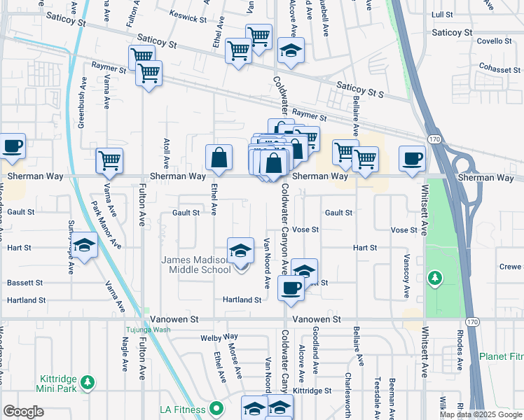 map of restaurants, bars, coffee shops, grocery stores, and more near 7103 Van Noord Avenue in Los Angeles