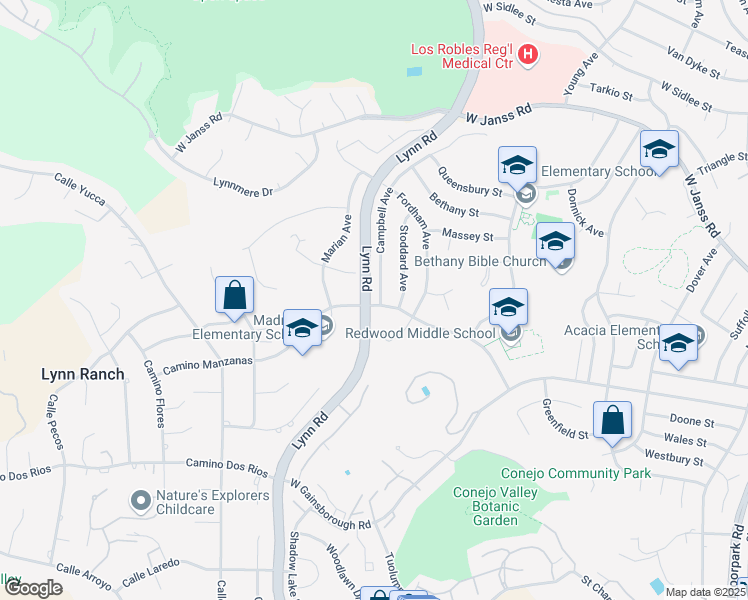 map of restaurants, bars, coffee shops, grocery stores, and more near 1509 Campbell Avenue in Thousand Oaks