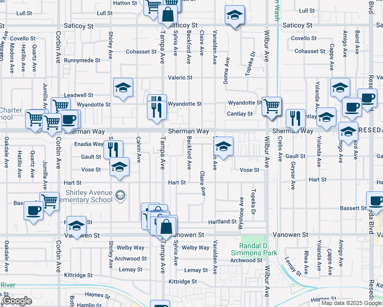 map of restaurants, bars, coffee shops, grocery stores, and more near 7104 Beckford Avenue in Los Angeles