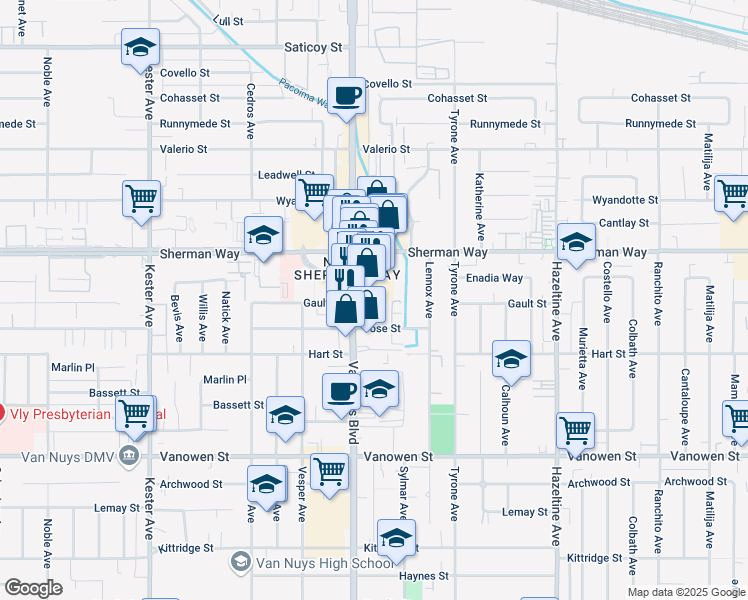 map of restaurants, bars, coffee shops, grocery stores, and more near 7128 Van Nuys in Los Angeles