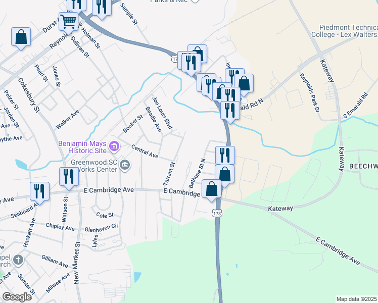 map of restaurants, bars, coffee shops, grocery stores, and more near 1125 East Cambridge Avenue in Greenwood