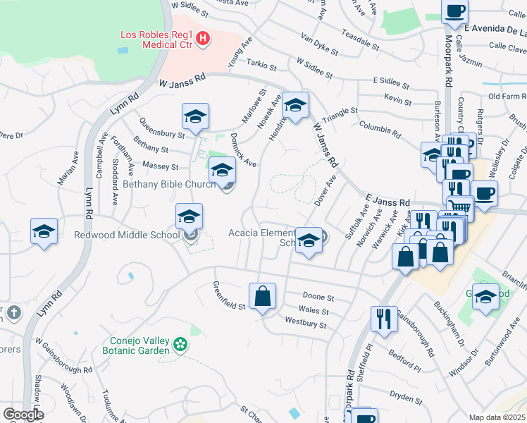 map of restaurants, bars, coffee shops, grocery stores, and more near 1614 Feather Avenue in Thousand Oaks