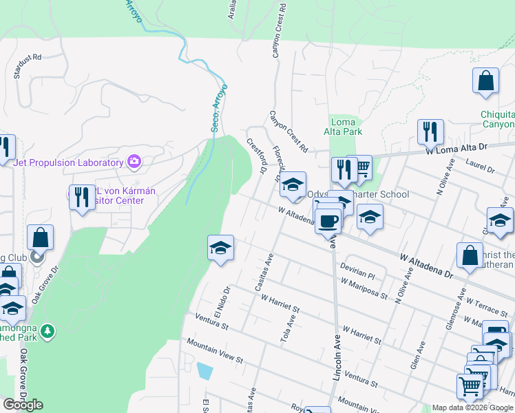 map of restaurants, bars, coffee shops, grocery stores, and more near 834 West Altadena Drive in Altadena