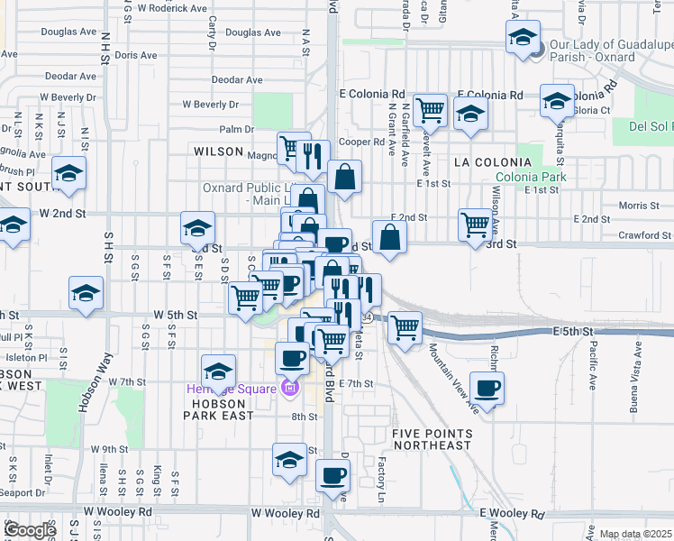 map of restaurants, bars, coffee shops, grocery stores, and more near 19 Enterprise Street in Oxnard