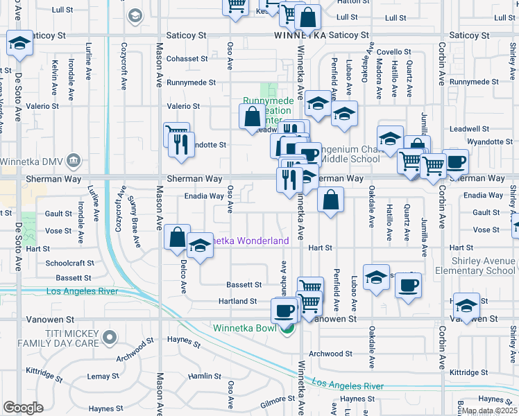 map of restaurants, bars, coffee shops, grocery stores, and more near 20200 Sherman Way in Los Angeles