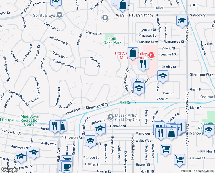map of restaurants, bars, coffee shops, grocery stores, and more near 23348 Balmoral Lane in Los Angeles