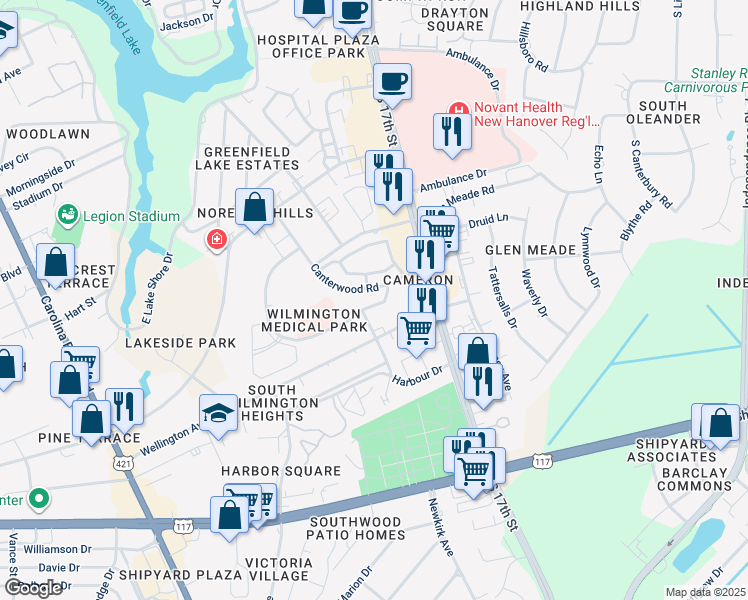 map of restaurants, bars, coffee shops, grocery stores, and more near 1601 Physicians Drive in Wilmington