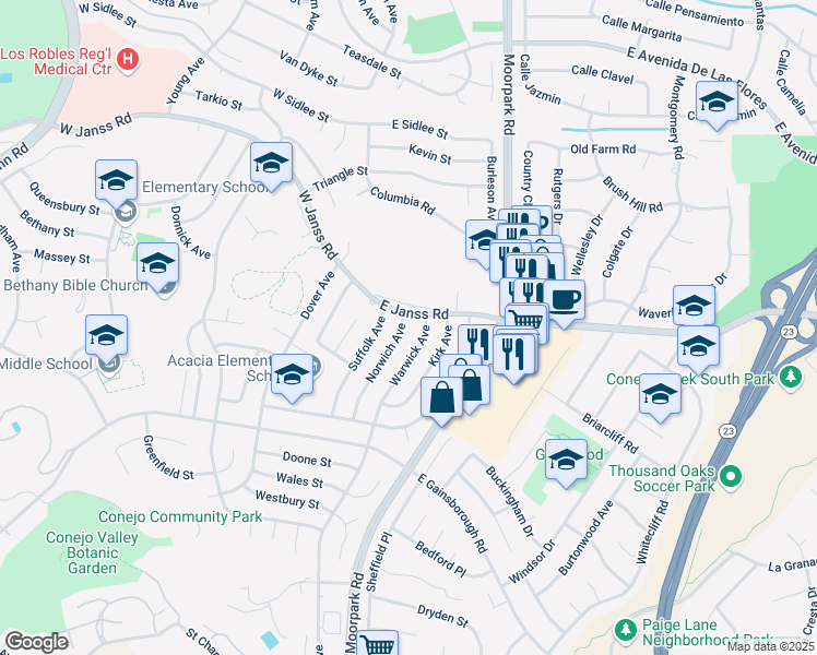 map of restaurants, bars, coffee shops, grocery stores, and more near 1574 Norwich Avenue in Thousand Oaks