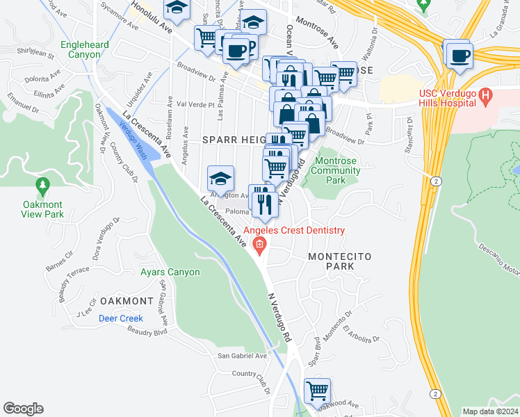 map of restaurants, bars, coffee shops, grocery stores, and more near 1700 Arlington Avenue in Glendale