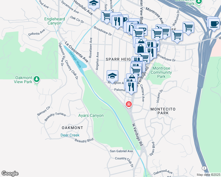 map of restaurants, bars, coffee shops, grocery stores, and more near 1526 Arlington Avenue in Glendale