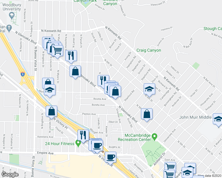 map of restaurants, bars, coffee shops, grocery stores, and more near 444 Irving Drive in Burbank