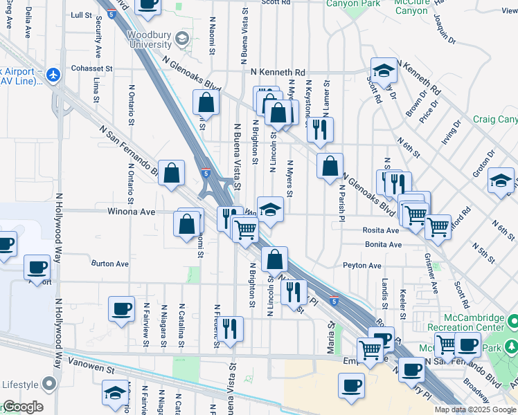 map of restaurants, bars, coffee shops, grocery stores, and more near 2420 North Brighton Street in Burbank