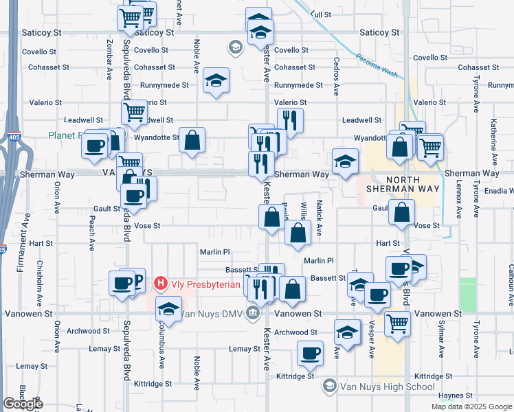 map of restaurants, bars, coffee shops, grocery stores, and more near 7117 Kester Avenue in Los Angeles