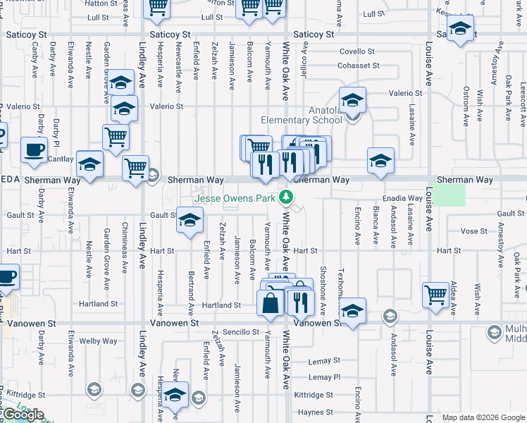 map of restaurants, bars, coffee shops, grocery stores, and more near 7126 Yarmouth Avenue in Los Angeles