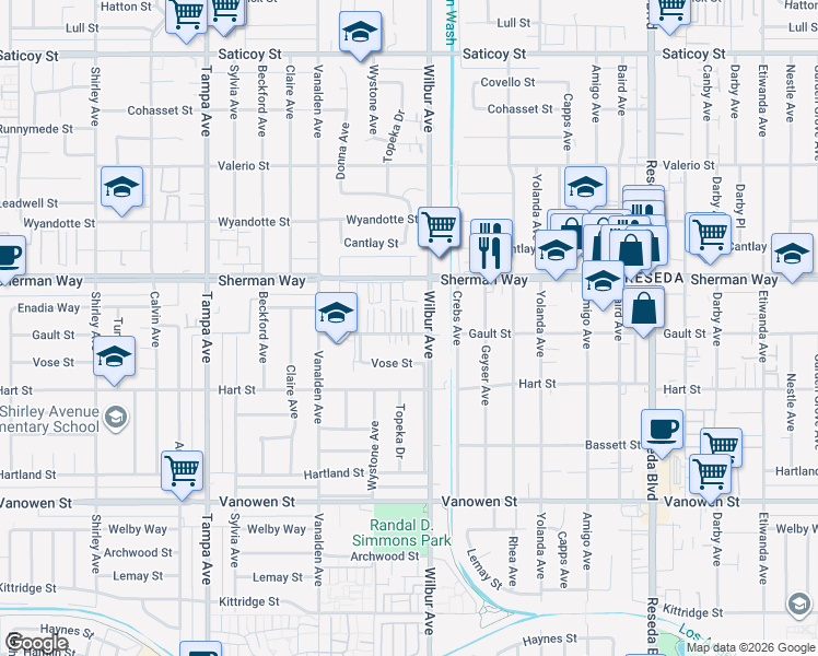 map of restaurants, bars, coffee shops, grocery stores, and more near 7135 Wilbur Avenue in Los Angeles