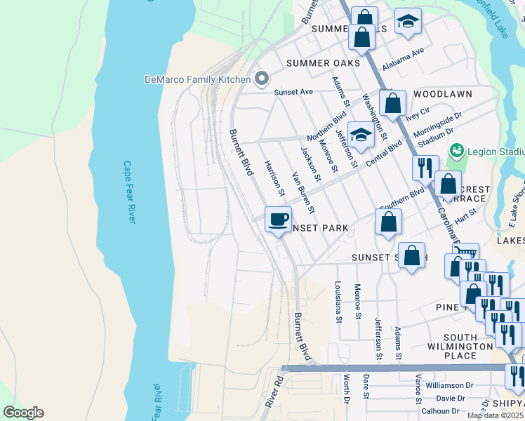map of restaurants, bars, coffee shops, grocery stores, and more near 2082 Burnett Boulevard in Wilmington