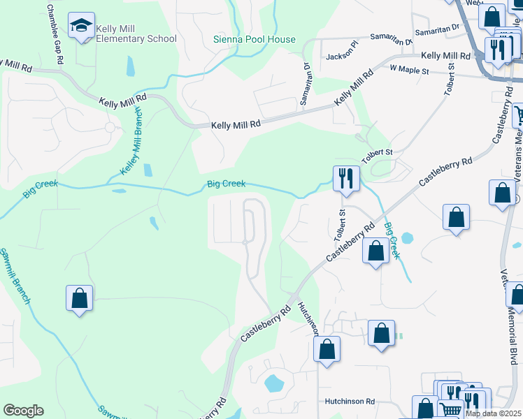 map of restaurants, bars, coffee shops, grocery stores, and more near 3414 Castleberry Village Circle in Cumming