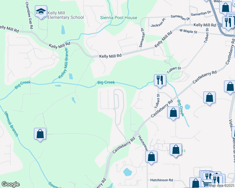 map of restaurants, bars, coffee shops, grocery stores, and more near 3414 Castleberry Village Circle in Cumming