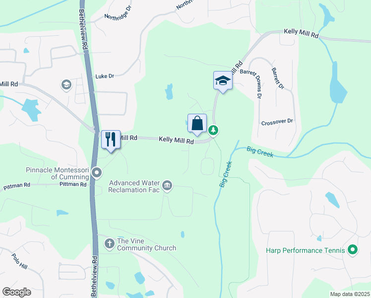 map of restaurants, bars, coffee shops, grocery stores, and more near 2090 Red Barn Court in Cumming