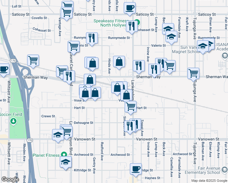 map of restaurants, bars, coffee shops, grocery stores, and more near 11819 Vose Street in Los Angeles