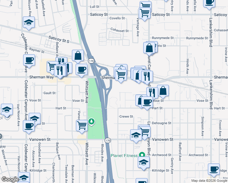 map of restaurants, bars, coffee shops, grocery stores, and more near 12236 Sherman Way in Los Angeles