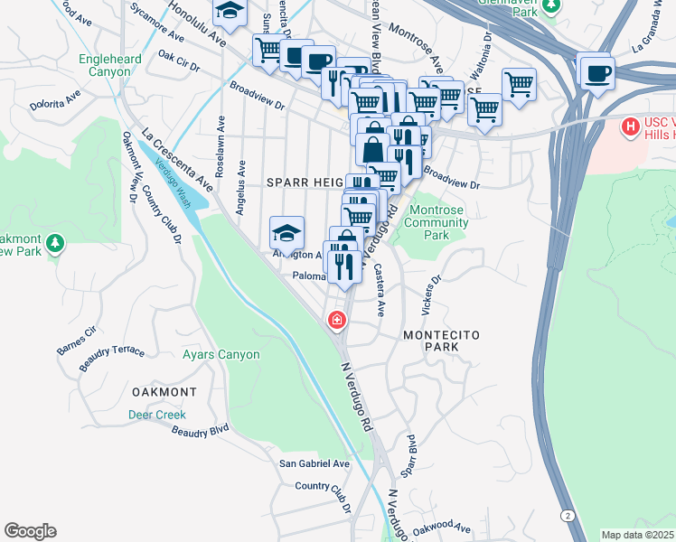 map of restaurants, bars, coffee shops, grocery stores, and more near 3322 Downing Avenue in Glendale