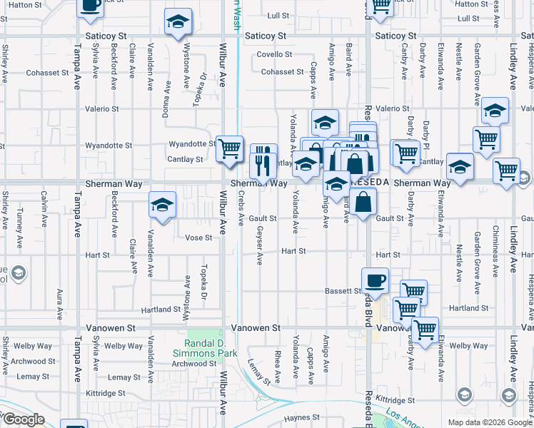 map of restaurants, bars, coffee shops, grocery stores, and more near 18749 Gault Street in Los Angeles