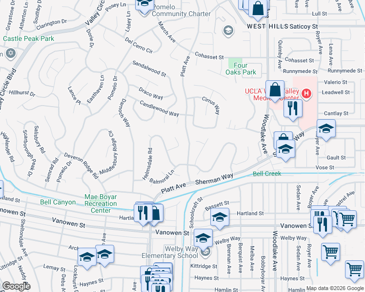 map of restaurants, bars, coffee shops, grocery stores, and more near 7130 Gateshead Way in Los Angeles