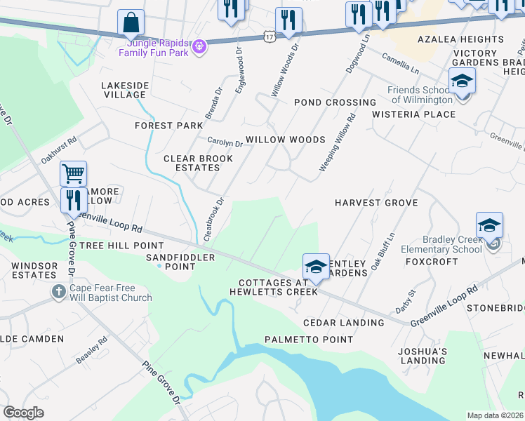 map of restaurants, bars, coffee shops, grocery stores, and more near 2100 Quiet Lane in Wilmington
