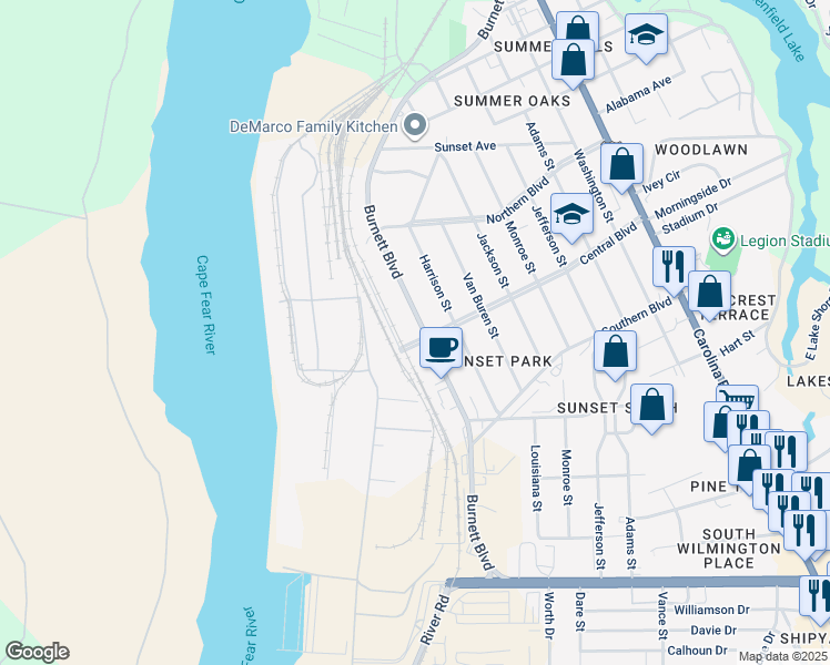map of restaurants, bars, coffee shops, grocery stores, and more near 2082 Burnett Boulevard in Wilmington