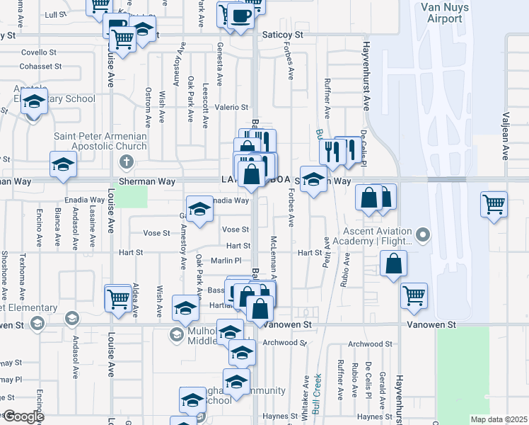 map of restaurants, bars, coffee shops, grocery stores, and more near 7100 Balboa Boulevard in Los Angeles